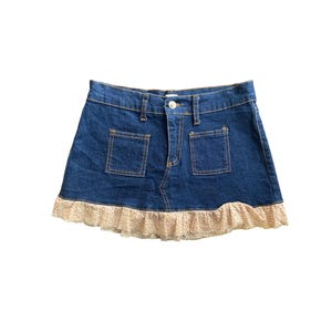 Y2k Denim Skirt Low Waist Skirt Blue Jean Mini Skirt 2000s Low Waist Skirt Vintage Low Rise Jean Skirt Floral Ruffle Hem - 3/4 - Small - S