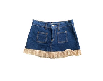 Y2k Denim Skirt Low Waist Skirt Blue Jean Mini Skirt 2000s Low Waist Skirt Vintage Low Rise Jean Skirt Floral Ruffle Hem - 3/4 - Small - S