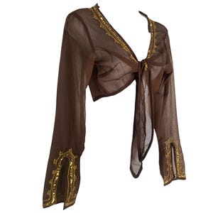 Blusa de seda Y2K con cinturón, seda marrón, gasa, lentejuelas doradas, estilo romántico bohemio, manga larga, escote en V profundo, top corto estilo bohemio vintage Y2K con cinturón - L imagen 8