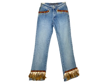 Feather Beaded Blue Jeans Flare 90's Blue Jeans Denim Pants High Rise Denim 1990's High Waisted Boho Hippie Vintage Jeans - Never WornSize S