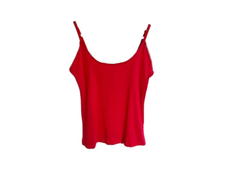 May include: A red sleeveless tank top with thin straps.