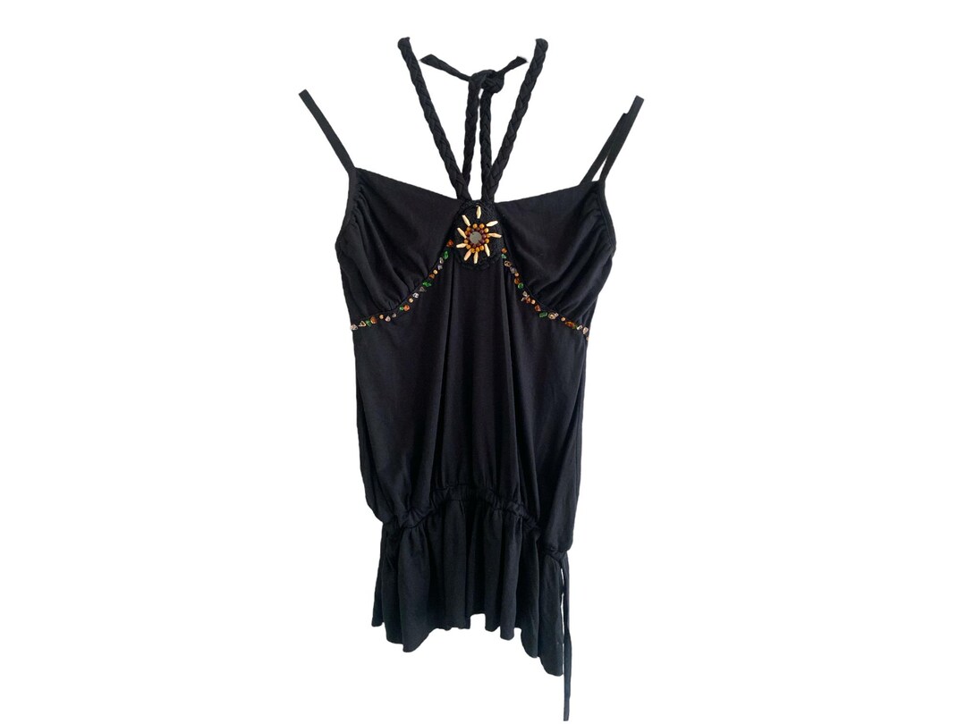 Black American V-Neck Embroidered Halter Backless Y2K Tank Top