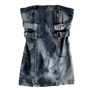 Zippered Denim Dress Y2k Bustier Denim Mini Dress Strapless Mini Dress Bleached Out Blue Denim Vintage 2000&#39;s Denim Dress Party Dress  - M
