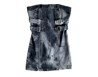 Zippered Denim Dress Y2k Bustier Denim Mini Dress Strapless Mini Dress Bleached Out Blue Denim Vintage 2000's Denim Dress Party Dress  - M