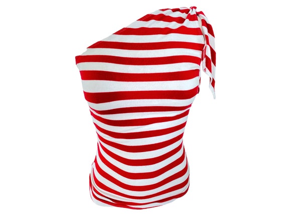 One Shoulder Blouse 90s Stripe Cut Out Top Boho G… - image 4