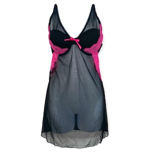 Y2K Pink Black Slip Dress Mini Lingerie Mesh Slip Vintage 2000s V Neck Line Low Back Floral Lace Mini Slip Underwired Padded /Never worn - L