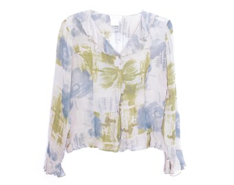 Y2K Floral Silk Blouse Shirt 90s Boho LONG SLEEVE Top Flare Sleeve Green Blue Gray Deep V Neckline 1990s Floral Bohemian Vintage Retro M