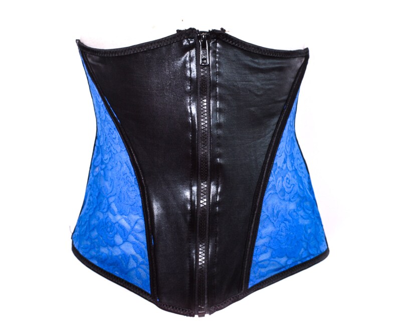 Y2K Corset Top 90's Bustier Top Zipper PVC Wetlook Floral Black Blue Lace Bustier Festival Grunge Boho Gothic Strapless Crop Top Corset M image 2