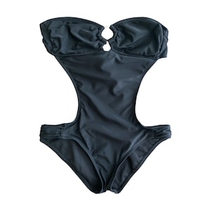00&#39;s Black Bathing Suit One Piece Strapless Bandeau Keyhole Neck Swimming Costume Festival Grunge Rave Backless Size M