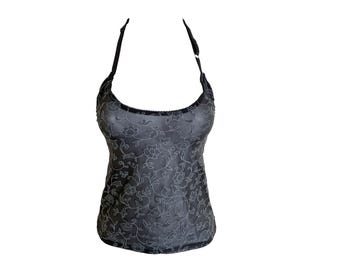 Y2K Halter Top Black Gray Floral Mesh Halter 2000&#39;s Goth Grunge Vintage Lingerie Y2K Scoop Neck See Through Open Back Bodycon - M/Medium