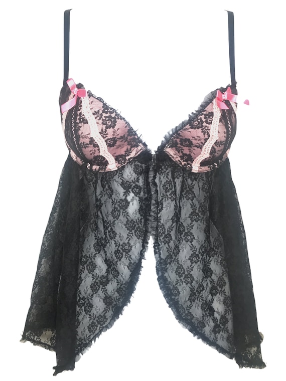 ダークコア y2k tops itimi coquette lingerie Y2K Pink Floral Lace Cropped Lingerie Babydoll Tank Top Cami Size