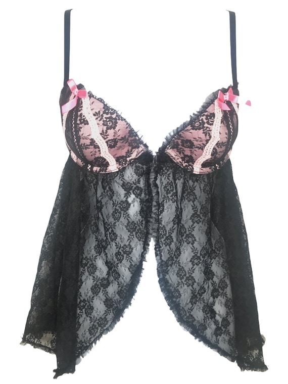 Y2K Bra Top Black Pink Lingerie Top 00s Victoria's Secret Floral