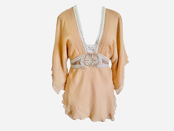 Silk Blouse 00's Blouse Crop Top Silk Blouse Tan … - image 3