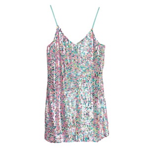 Y2K Sequin Dress Mini Dress Pink Green Party Vintage Cocktail Mini Dress Iridescent Vintage 00&#39;s Sleeveless Dress - Size XS-Extra Small