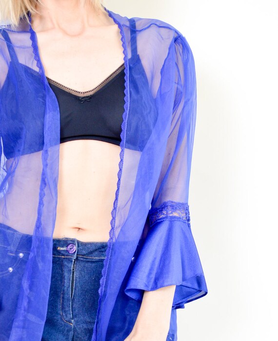 Blue Ruffle Shirt 1990s Blue  Pajama Sheer Shirt … - image 4