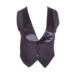 70&#39;s Black Satin Vest  Shirt Crop Top Vest Top 70&#39;s Black Sleeveless Satin Collar Top V Neckline Top 70s Grunge Vintage Button Low Neck S
