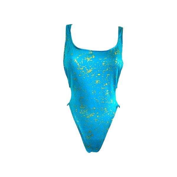 80's Turquoise Gold Bathing Suit One Piece Swim 80's Blue Suit Swimsuit Low Back High Cut Leg  Retro Swimwear Vintage 1990s-Size M / Medium