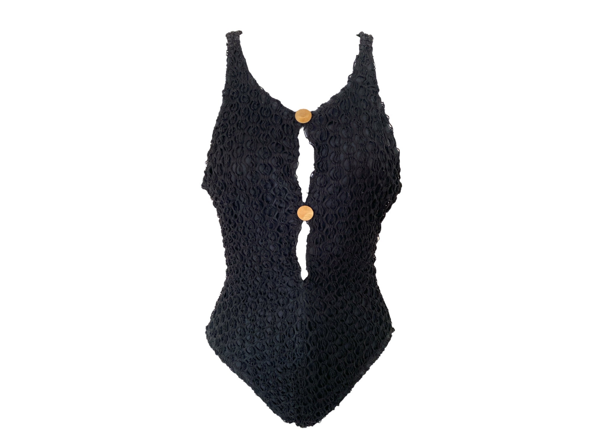 90's Black Crochet Knit Bathing Suit One Piece Swim Suit Black Swimsuit  Open Cutout Back Keyhole Plunge Neck Retro Swimwear Vintage 1990s-M
