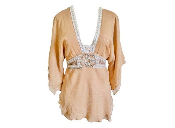 Silk Blouse 00's Blouse Crop Top Silk Blouse Tan … - image 1