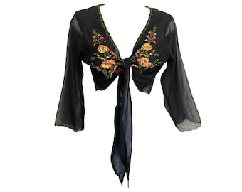 Zijde Y2K blouse jaren '90 stropdas taille shirt zwart chiffon pailletten romantische Boho halve mouw Boho diepe V crop top vintage Y2K stropdas taille top/S