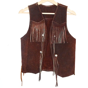 Leather FRINGE Vest Top 70s Boho Suede Leather Vest Brown Hippie Festival Southwestern 70s Bohemian Vintage Crop Vest  Size XS/ S