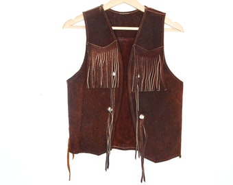 Leather FRINGE Vest Top 70s Boho Suede Leather Vest Brown Hippie Festival Southwestern 70s Bohemian Vintage Crop Vest  Size XS/ S