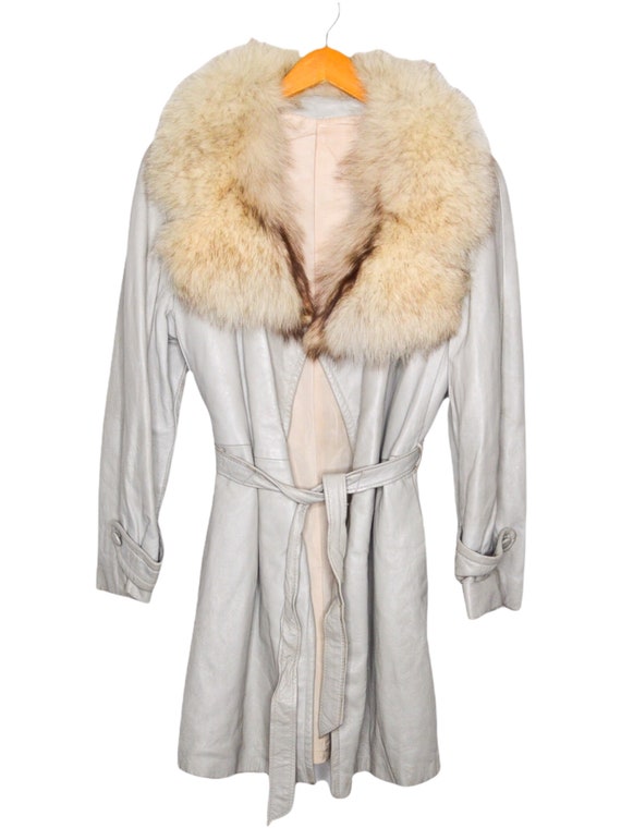 70's Cream Leather Jacket White Fur Collar Belted… - image 2