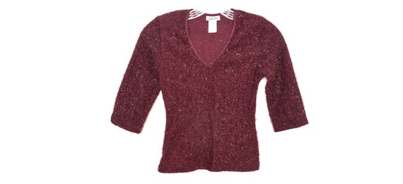 Y2K Fuzzy Top Red Sparkly Knit Crop Top 00's Fest… - image 3