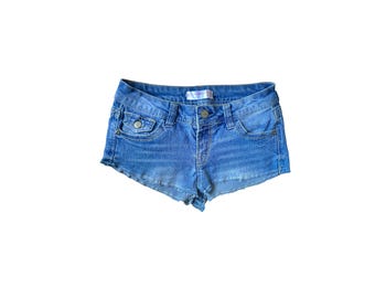 May include: Light blue denim shorts with a classic five-pocket design. Features include a button and zipper closure, front and back pockets, and a faded wash. The shorts have a low rise and a frayed hem.