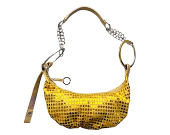 Bolso de lentejuelas dorado Y2K, vintage de los años 2000, con cadena de lentejuelas y malla, estilo bohemio romántico, pequeño bolso de hombro, sin usar.