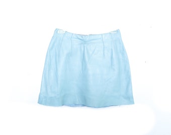 80s high waisted LEATHER SKIRT Vintage Mini Skirt Motorcycle 80s leather high waist Tight Pastel Blue Skirt Vintage Skirt Medium