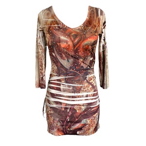 Floral Rhinestone Dress Mini Dress Y2K Animal Glam Party Vintage Cocktail Grunge Rocker 2000's Brown Orange Floral Mini Dress -Small/S