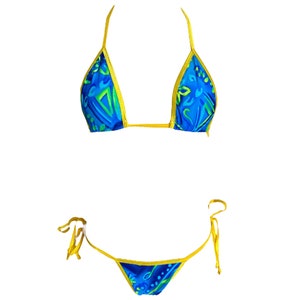 Y2K String Bikini Two Piece Blue Floral Swimsuit 00s Bathing Suit Blue Yellow Set Boho Vintage Retro 00&#39;s Low Rise Cheeky Bottom  Small