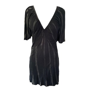 Y2K Ruched Metallic Mini Dress Pleated Party Vintage Mini Dress Vintage 2000&#39;s Romantic Jersey Dress Flared Sleeve Plunge V Neck Size -M