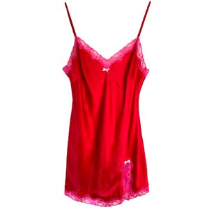 Y2K Lace Slip Dress Red Pink Mini Dress Victorias Secret Vintage Spaghetti Strap Lace 2000s V Neck Line Victoria&#39;s Secret Slit Thigh Large/L