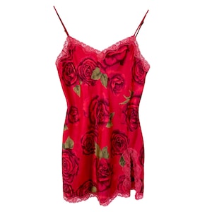 Floral Slip Dress Mini Y2K Dress Lingerie Red Satin Spaghetti Strap Slip Vintage Victoria&#39;s Secret 2000s Slit Thigh Neck Nightdress Size - S