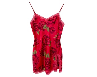 Floral Slip Dress Mini Y2K Dress Lingerie Red Satin Spaghetti Strap Slip Vintage Victoria&#39;s Secret 2000s Slit Thigh Neck Nightdress Size - S