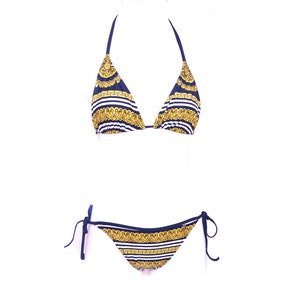 Y2K Baroque String Bikini Two Piece Swimsuit 90s Bathing Suit Blue Gold  Set Boho Vintage Retro 00&#39;s Low Rise  1990s  Small