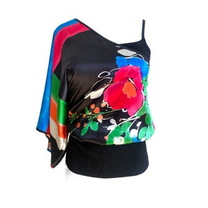 Y2K Black Silk One Shoulder Top 90s Y2K bebe Asymmetric Top Boho Top Y2K Vintage Black floral  00&#39;s Romantic Cocktail Size XS