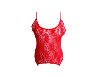 90's Red Lace Camisole Lingerie Top 90s Floral Pattern Red Tank Lingerie Scoop Neck Spaghetti Strap Romantic Boho 1990s See Through  Large/L