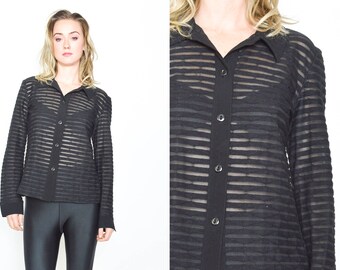 BLACK SHEER STRIPE Shirt. Long Sleeve. Vintage 1990's Grunge Black Shirt. Zig Zag Mod Sheer Minimalist Top Size Small. Button Down Shirt