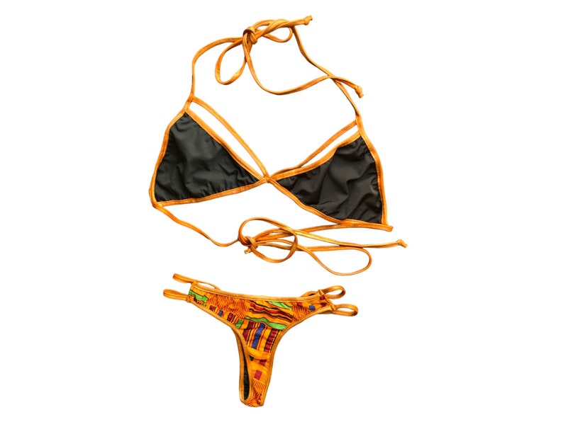 Y2K Orange Thong Bikini Tvådelad Baddräkt 2000-tals Baddräktsset Boho Vintage Retro 00-tals Lågmidjad Bronsmönstrad Bikini - Medium/M bild 8
