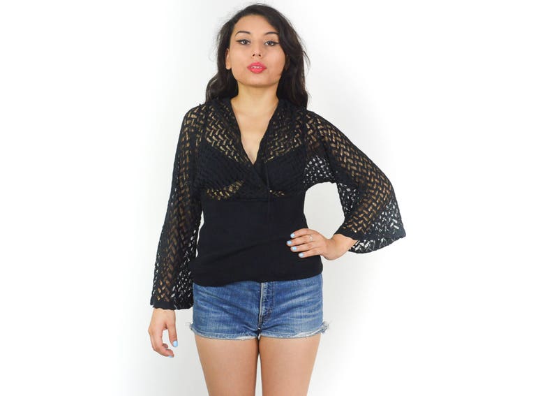 90/'s Flare Sleeve Crochet Sheer ZIG ZAG TOP Black Knit Top Mod Grunge Minimalist Witchy Disco 70/'s Size Large V Neck