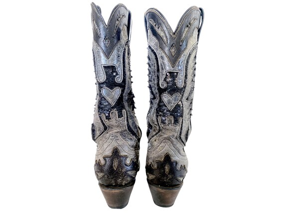 Cowboy Boots Black Gray Low Heeled Boots Sequin B… - image 10