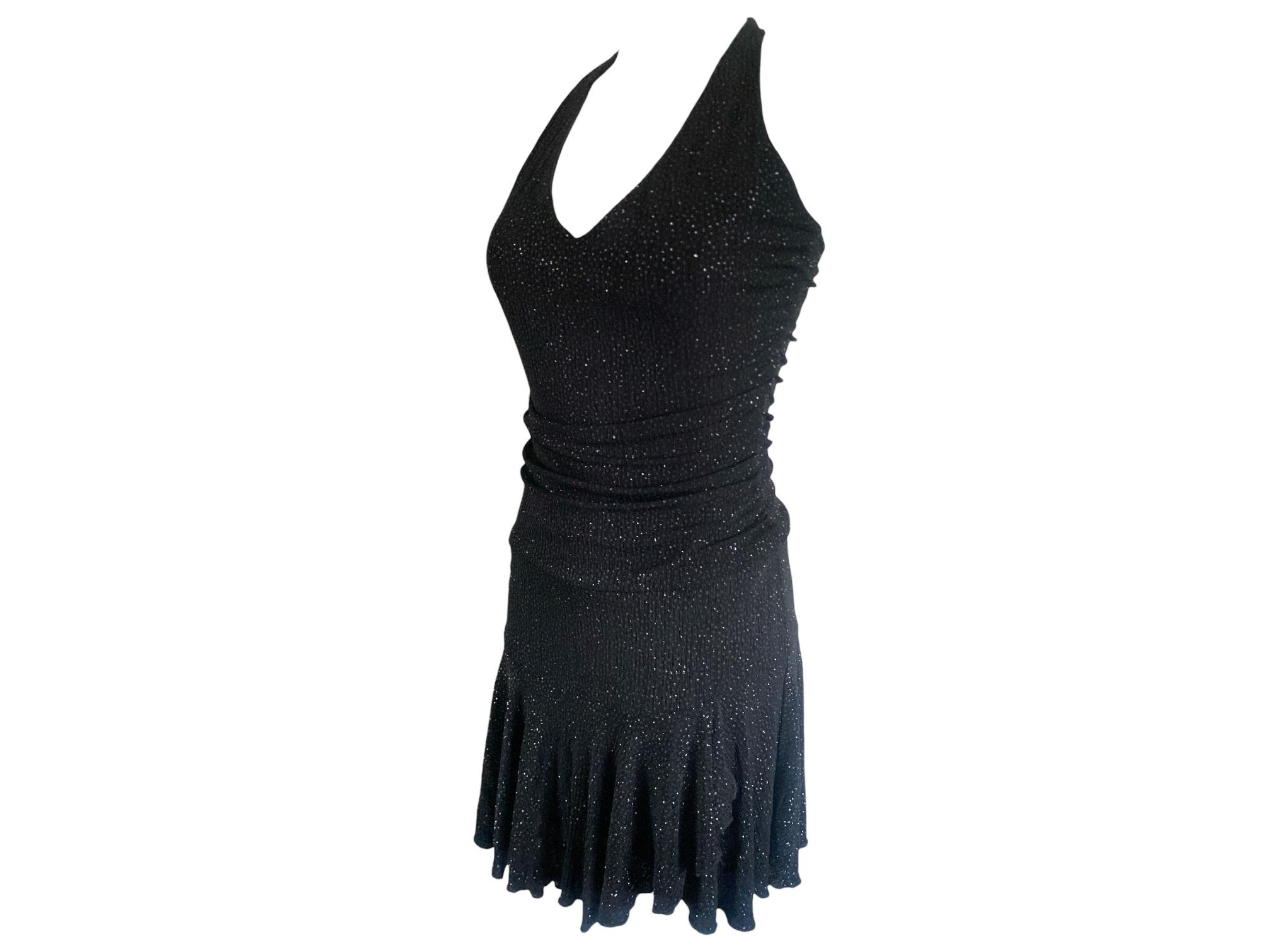 90's Glitter Mini Dress Black Sparkly Party Halter Dress Vintage 1990's V Neckline Cinched Waist Mini Dress Cocktail Backless Size-Medium/M
