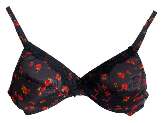 70's Floral Satin Silky Bra Top Red Black Floral Top Satin