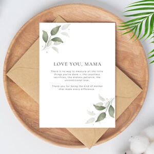 Liebe Dich Mama Minimalistische Karte | Muttertagskarte zum selbst ausdrucken | Elegantes grünes Design | 4x6 & 5x7 Digital Download | BHK006