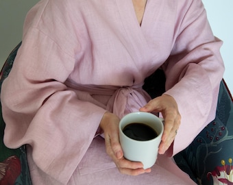 Stonewashed Linen Kimono – Long Robe with Pockets, Soft 100% European Flax, Luxe Finishing, OEKO-TEX