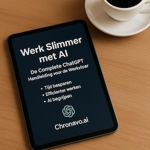 Op de afbeelding: Een digitale tablet met de Nederlandse tekst "Werk Slimmer met AI" en andere tekst, samen met een kopje koffie op een schotel. De tablet ligt op een houten oppervlak.
