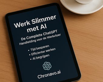May include: A digital tablet with the Dutch text "Werk Slimmer met AI" and other text, alongside a cup of coffee on a saucer. The tablet is on a wooden surface.